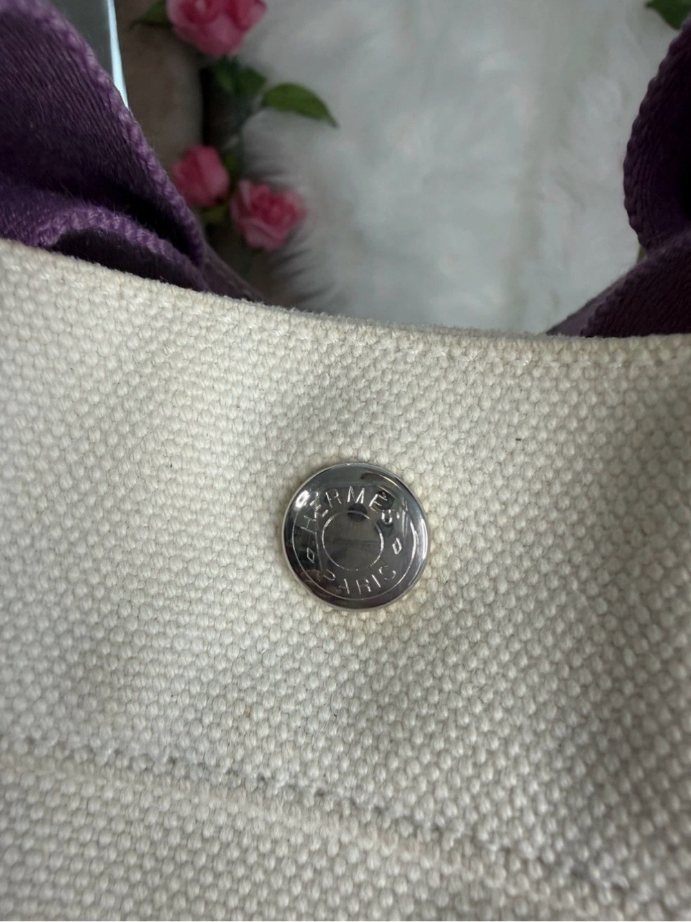 Hermes Fourre Tout PM Tote Bag Cream Purple Canvas Handbag Vintage France w/COA - Picture 8 of 16